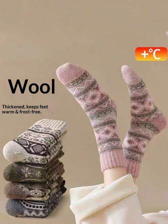 3 Pairs Vintage Women's Thick Warm Mid-Calf Wool Socks, Suitable For Home/Floor Wear, Random Delivery