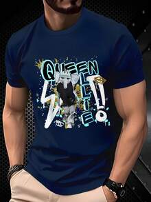 Men's Crew Neck T-Shirt With Queen Life Graphic Print, Lightning Bolt And Dollar Symbol, Versatile Casual Top For All Seasons, Suitable For Leisure And Sportswear, Fashion Gift - 藏蓝色 - 查看 6