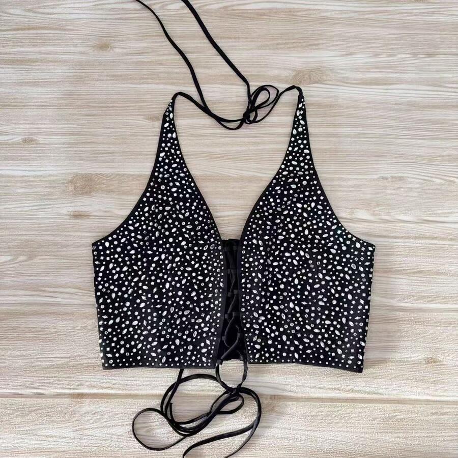 ESTELA MODAS BLOUSE TOP WITH SHINE Tie Back Tie Back Holiday Beach - màu đen - Xem 1
