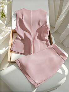 优雅成熟女士风高端粉色背心短裤套装，夏季穿搭 - 粉色 - 查看 2