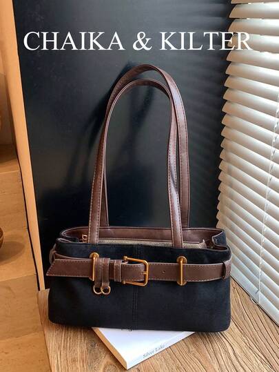 CHAIKA & KILTER 1 件纯色仿麂皮面料配 PU 皮革单肩包，复古时尚流浪包带肩带装饰，拉链开合，双手柄，适合日常使用