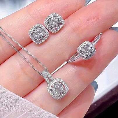 Bộ 4 chiếc/Bộ hoa tai, vòng cổ và nhẫn đính đá hình chữ nhật, phong cách sang trọng thanh lịch, quà tặng tinh tế cho phụ nữ