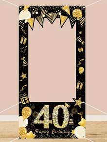 1pc 40th Birthday Photo Backdrop, Black And Gold Balloon Design - Multicolor - View 3