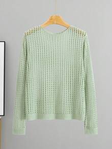 GIGOGOU 轻盈镂空针织开衫，透气长袖防晒休闲上衣，简约百搭 - 薄荷藍 - 查看 7