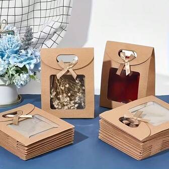5/10/20/30/50 Pieces Window Opening Kraft Paper Bow Gift Bag, Transparent Window Display Packaging Bag, Vertical Mini Gift Bag With Handle, Brown Gift Bag, Adhesive Paper Bag, Vertical Gift Bag, Candy And Biscuit Packaging, Wedding And Christmas Party Brown Bag