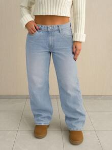 Plus Size Casual Washed Straight Leg Jeans - Blue - View 5