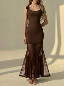 女士优雅时尚性感网眼 3D 花卉可拆卸荷叶边鱼尾细肩带开斋节长裙