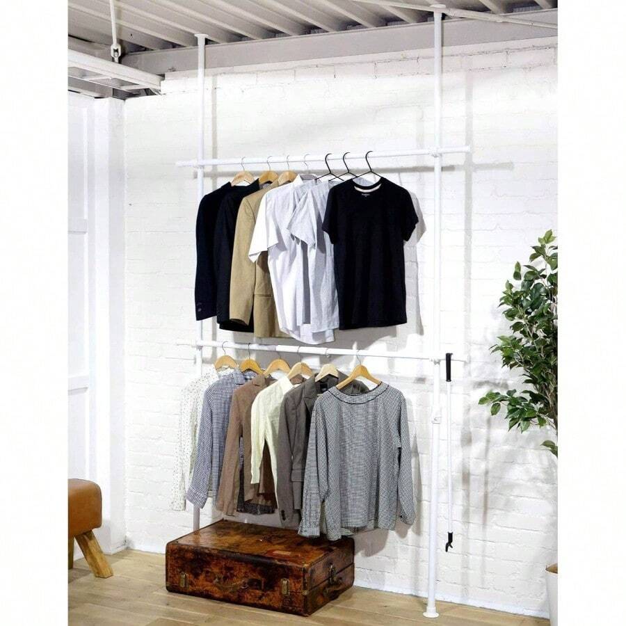 突っ張り ラック ポールハンガー ハンガーラック 全体耐荷重60kg シャツ最大90着 ひっかけ棒付き ワンタッチ突っ張り (実用新案取得済) 縦横伸縮 (幅90 - 160cm/高さ190 - 260cm) 衣類収納 組立品 マットホワイト WJ - 775RM(MWH) ダブル - マットホワイト + ダブル - チェックする 1