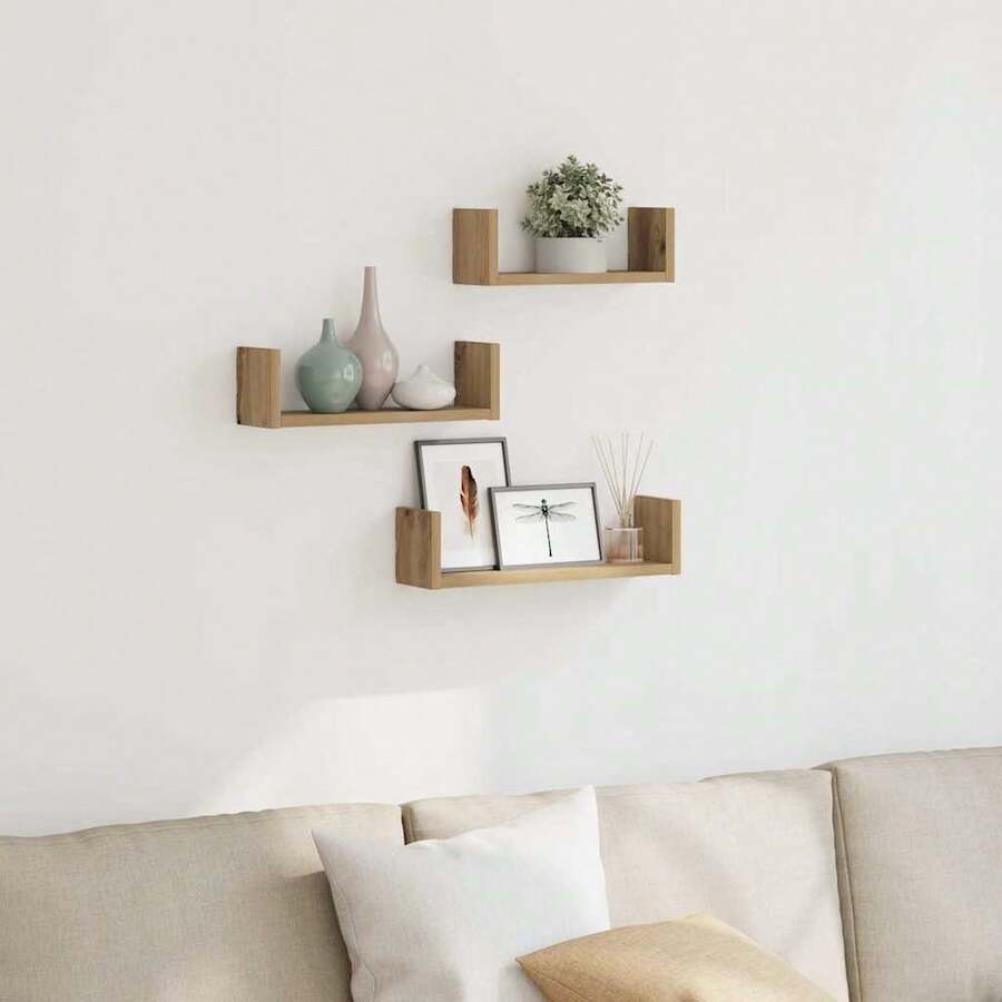 Mensole da parete vidaXL, 3 pezzi, realizzate a mano in legno composito di rovere. - Multicolore - Visualizzare 1