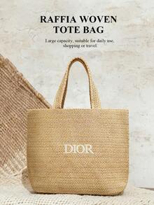 Christian Dior Women's Raffia Woven Tote Bag, Large Beige Handbag, Boho Style Beach Hat Bag, Summer Shoulder Shopping Bag - Oatmeal - View 3