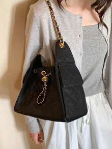 New Fashion Portable Bucket Bag Ins Style Niche Design Rhinestone Chain Underarm Bag Daily Leisure Versatile Simple Texture Solid Color Popular Highly Attractively Shoulder Bag Suitable For Commuting To Work, Shopping, Dating And Dinner - Black - View 3