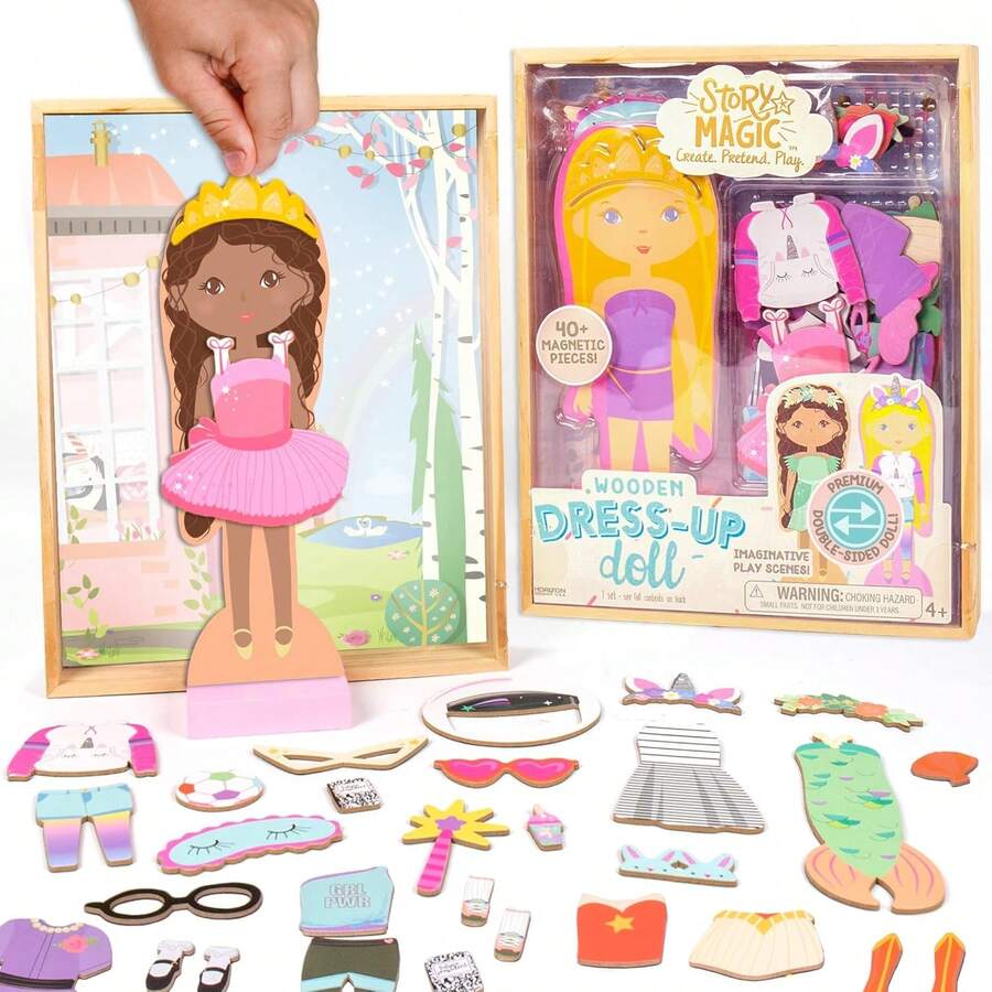 TendenciaStory Magic Muñeca Magnética Madera con Vestidos - Juguete Educativo 4+ años - Set 40 Piezas Ropa - Juego Imaginativo NiñasCalidad premium - 1 - Ver 1