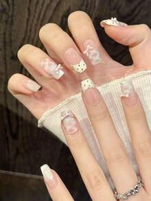 10PCS Short Square Handmade Press On Nails For Party And Daily Wear ,Pink Nails,Bowknot,Square Nails,Shiny And Dazzling,Easy To Wear 10pcs Y2K Handmade Press On Nails,Suitable For Girls And Women Festivals Parties And Daily Wear Nail Supplies - Pink - View 4