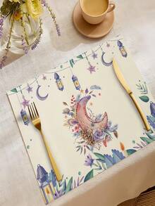 1 pièce Napperon en lin imprimé avec lampe à huile de lune - Tapis de table décoratif de style occidental, résistant à la chaleur/brûlure et antidérapant, idéal pour les tasses à café/thé, bols et vaisselle, parfait pour le dîner à la maison, le thé de l'après-midi, les dîners entre amis, l'utilisation dans un café et la décoration de la table de cuisine - Multicolore - Voir 11