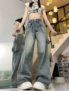Detachable Suspender High Waist Loose Baggy Flare Leg Jeans, Retro Niche Style - Blue - View 5