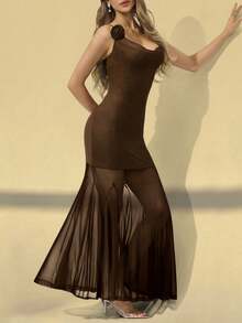 女士优雅时尚性感网眼 3D 花卉可拆卸荷叶边鱼尾细肩带开斋节长裙