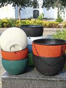 5件套现代风格竖条纹圆形悬挂式花盆套装 - 绿色、黑色、橙色、红棕色和灰色塑料花盆，适合种植多肉植物、香草和鲜花 - 室内外均可使用，表面光滑带挂钩，现代庭院装饰 - 彩色 - 查看 4