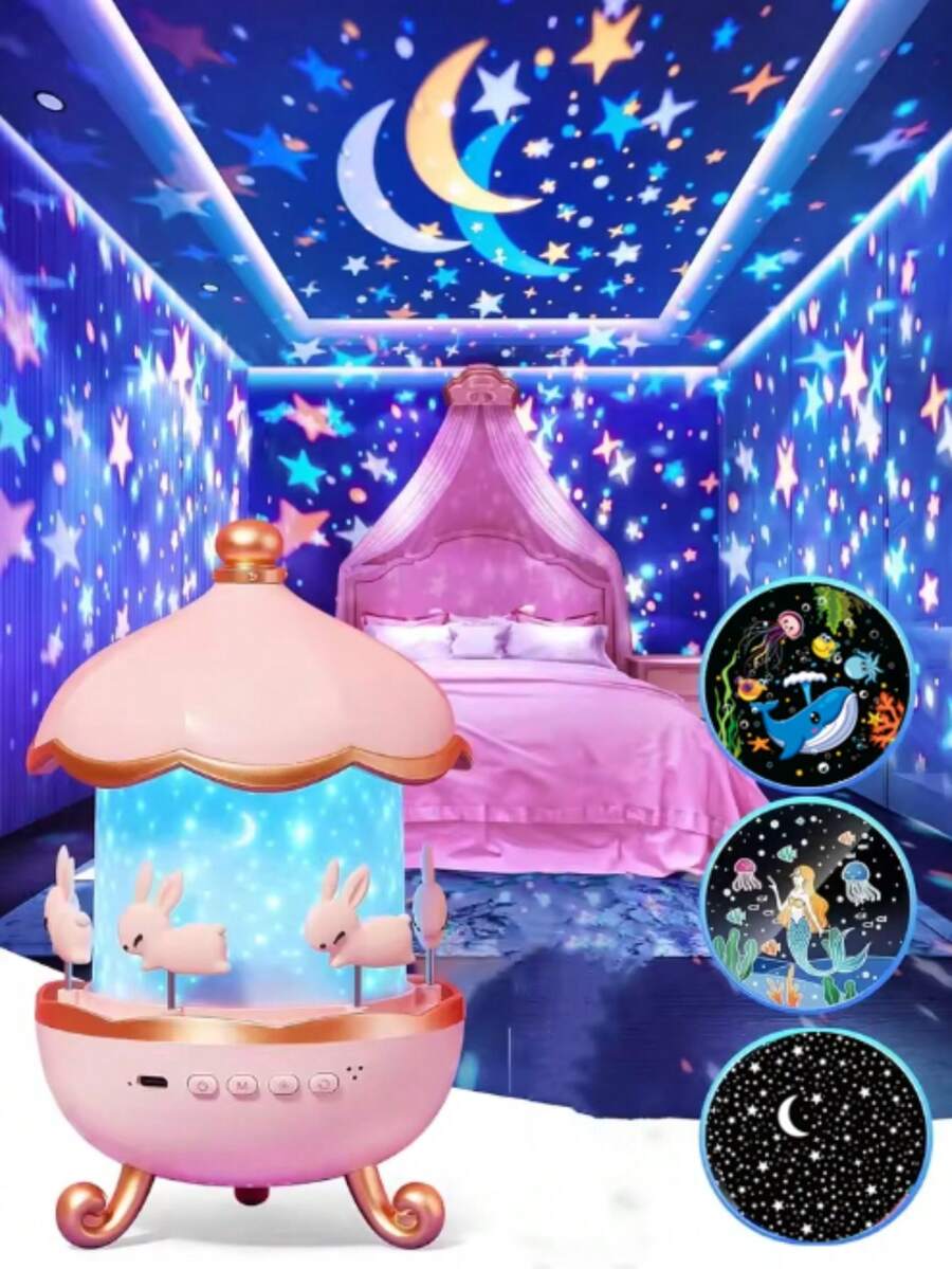 1pc Starry Sky Galaxy Projection Lamp, Patterns Include Stars, Moon, Galaxy, Happy Birthday, Deer, Ocean, Fireworks, Astronaut Rabbit, Galloping Horse, Castle, Moon Princess, Mermaid, Unicorn, Etc. USB Rechargeable, 12-In-1 Projection Lamp, LED Mermaid Projection Lamp, 360° Rotation