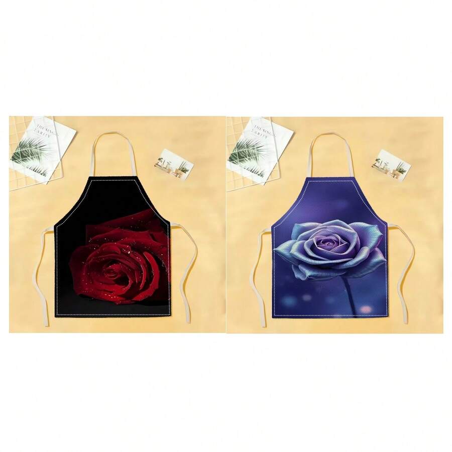 1pc Red Rose And Purple Rose Pattern Aprons, Creative, Interesting, Fashionable Printed Home Cleaning Aprons, Easy-To-Clean Kitchen Cooking Aprons, Creative Home Aprons - Multicolor - View 1