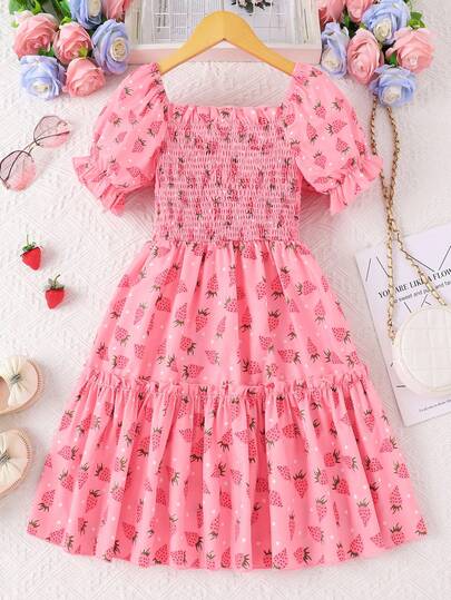 Girls' Strawberry Print Sleeveless Dress, Fashionable & Elegant, Suitable For Outdoor Activities, Weddings, Vacations, Parties, Creative Gift