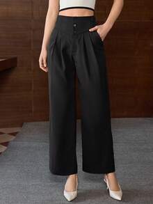 Women's Commuter Solid Color Single-Breasted High-Waisted Slant Pocket Straight Leg Suit Pants Black Spring - Black - View 4