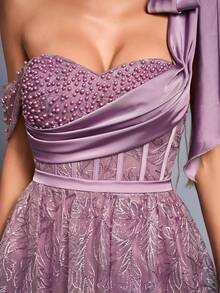 Anpoket New Arrival One Shoulder Elegant Evening Gown Dress Pearls Beaded Ruched Bow Ruffle Mesh Long Dress - Purple - View 4