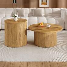 Coffee Table, Double Round Table, Side Table With Natural Wood Slats. Multifunctional Table For Living Room. - Natural Color - View 12