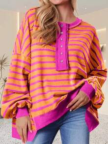 Womens Casual Oversized Striped Henley Sweatshirts Color Block Waffle Knit Pullover Tops - trái cam - Xem 1
