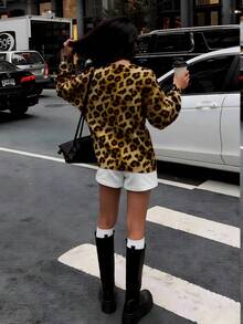 女士秋冬豹纹休闲宽松圆领长袖针织衫 - 彩色 - 查看 6