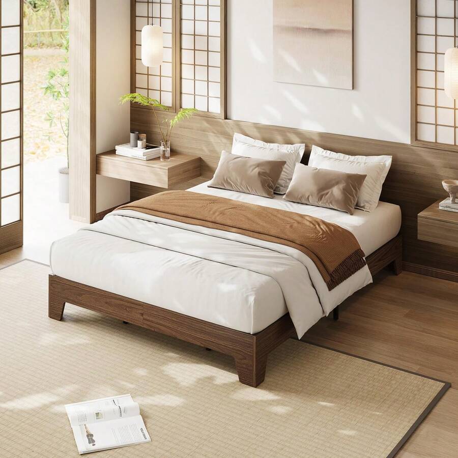 Queen 10 Inch Nogal natural Cama tipo plataforma de madera con base de láminas, sin box spring, fácil de armar, estilo minimalista para recámara - Marrón - Ver 1