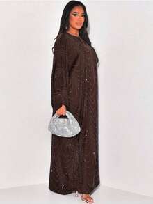 Áo choàng Cardigan Abaya đính đá rộng rãi thời trang mới xuân/hè 2025 dành cho nữ - màu nâu - Xem 3