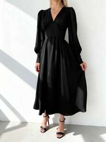 Rochie de vacanță pentru plajă, elegantă, cu nasturi în față, cu fermoar și crăpături înalte, culoare solidă, pentru femei - Negru - Vizualizare 4