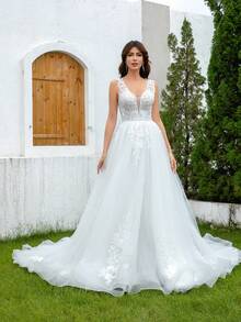 YOUKEFEIER 2025新款法式轻盈婚纱，深V领珠饰露背收腰修身拖尾新娘礼服，简约优雅目的地婚礼蕾丝雪纺长拖尾 - 米色 - 查看 4