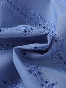 女婴镂空刺绣领花卉刺绣衬衫和裙子两件套，春夏休闲装 - 藍色 - 查看 9