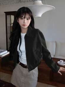 法式复古别致翻领夹克上衣，百搭通勤休闲短款外套，秋季新品 - 黑色 - 查看 3