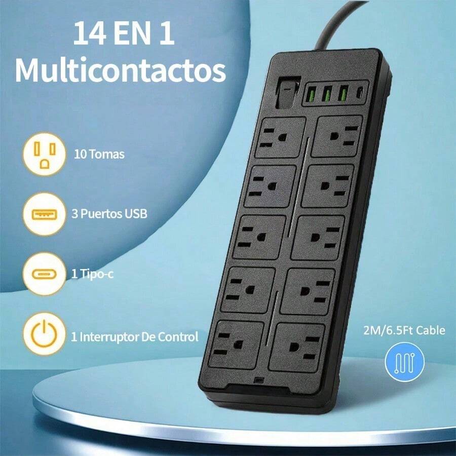 Regleta Multicontactos Con 10Tomas ,3 puertos USB, 1Tipo-C, Cable de 2 ...