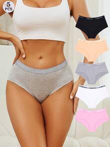 Paquete de 5 bragas de bikini de diseño sencillo y cómodo con unicolor y estampado de letras, elásticas para mujeres - Multicolor - Ver 3