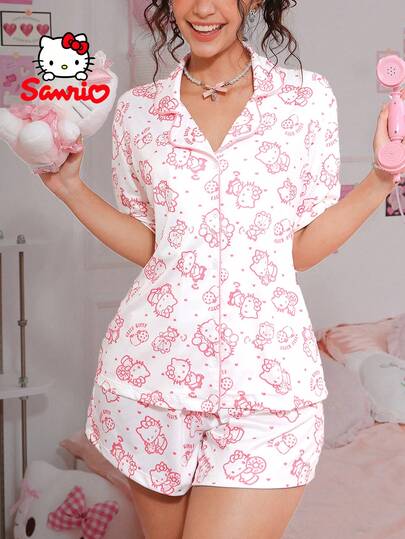 Sanrio Pajamoom 2pcs Women's Digital Print Lapel Button Pajama Set, White Short Sleeve Shorts Sleepwear, Cute Pajama Set, Cozy Loungewear Set