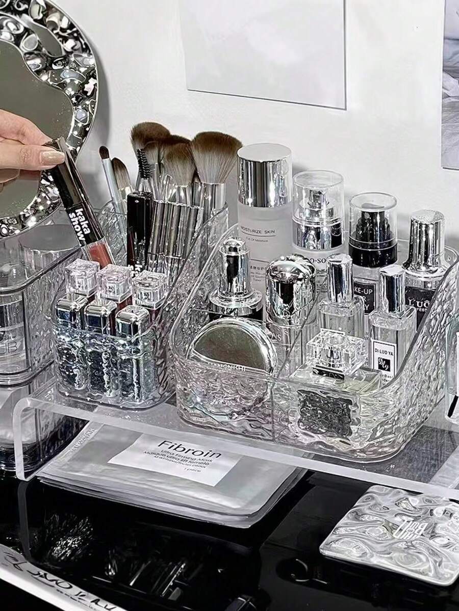 1个化妆品收纳盒，化妆品展示架，多功能桌面储物盒，带多层搁板，适用于浴室/卧室/书桌/梳妆台收纳，透明塑料材质 - 無色 - 查看 1