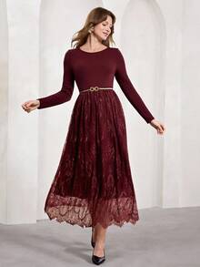 Amorya Women's Round Neck Long Sleeve Contrast Lace Hem Elegant Dress - Burgundy - View 5