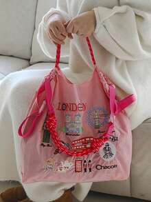 1件新款休閒刺繡倫敦城市圖案輕量尼龍大容量可折疊購物袋，通勤、派對、單肩與斜背托特包 - 彩色 - 查看 4