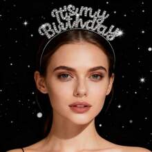1pc Sparkly Birthday Rhinestone Headband, "It's My Birthday" 3D Letter Headpiece For Party Gift Exchange Glittery Birthday Girl Hair Accessories - 銀色 - 查看 1
