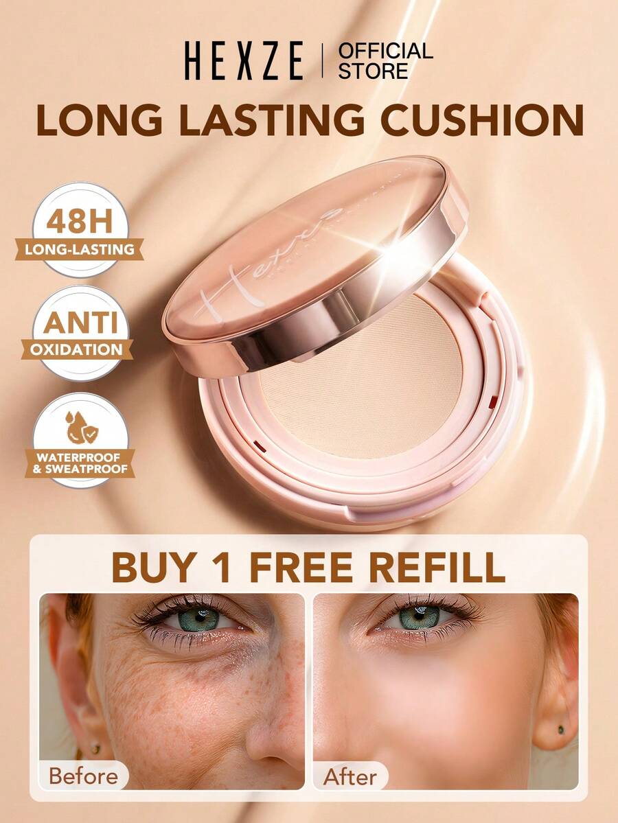 HEXZE 15克气垫粉底液，高遮瑕力，持妆长达16小时，防水，买一送一替换装 - 04 杏仁 - 查看 1