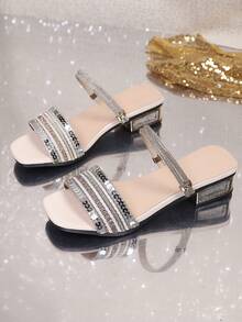 Sandalias de tacón alto para mujer, sandalias de tacón grueso con rhinestones para verano, sandalias de fiesta de estilo de celebridad versátiles. Sandalias de moda en negro y beige para vacaciones de verano, playa y fiestas de celebridades con decoración de rhinestones de lujo. Sandalias deslizantes con tiras de rhinestones, sandalias de tacón alto con punta abierta y diseño de tobillo con tacón grueso, cómodas y delicadas de estilo hada. El tamaño es pequeño, se sugiere pedir una talla talla grande grande. - Beis - Ver 7