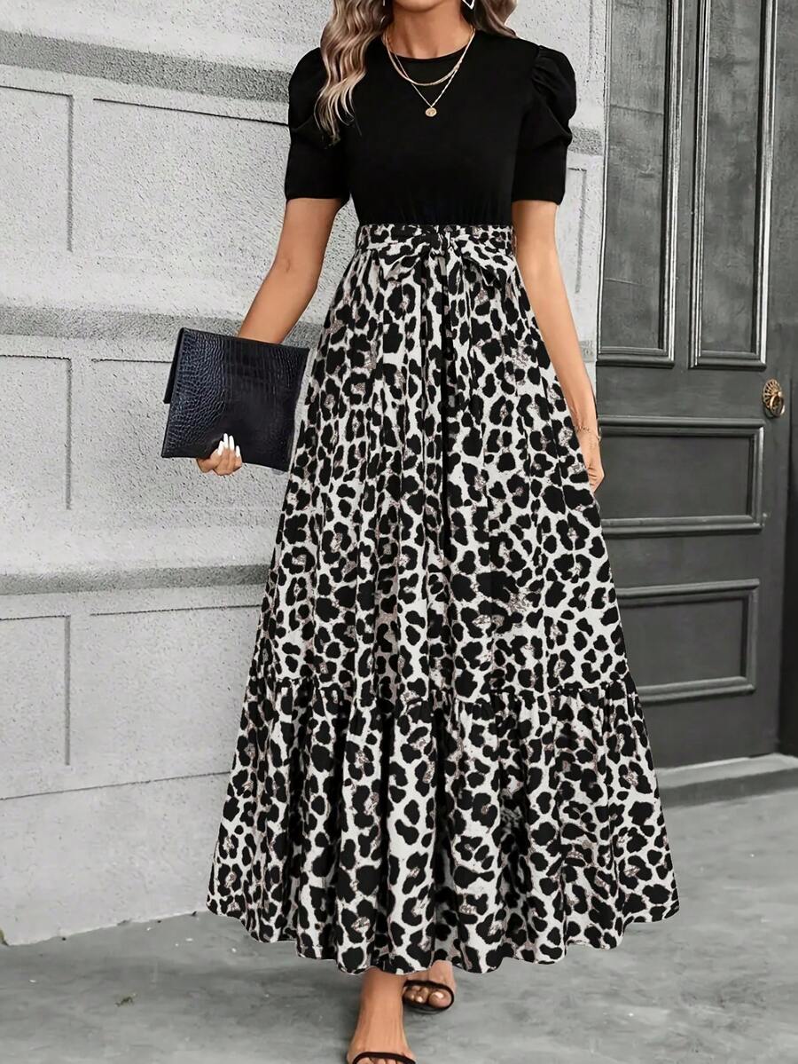 Keke Bloomly 最新款女士A字连衣裙，优雅泡泡袖配腰间蝴蝶结，圆领设计，可机洗，休闲至半正式场合皆宜，豹纹拼接设计，适合春夏、日常、度假、通勤、海滩、派对、节日等各种场合。