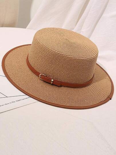 New Leather Band French Flat Top Sun Hat, Straw Hat, Sun-Shading Flat Brim Hat For Summer Outing, Beach, Resort, Fashionable Casual Solid Color Polyester Windproof UV Protection Hat, Spring/Summer