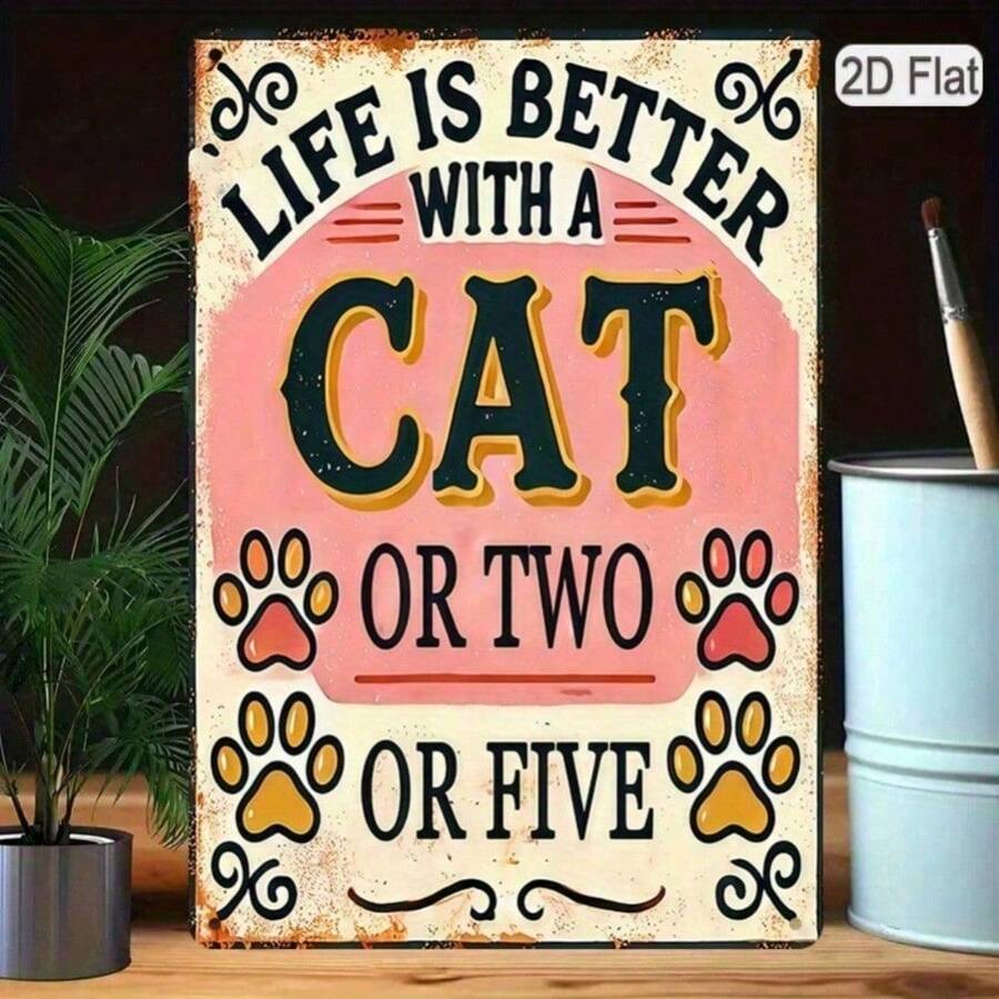 CIFbuy 1PC Vintage Cat Quote Tin Sign 8x12 Inches, Life Is Better With A Cat Retro Pet Art Metal Wall Decor, 2D Flat High-Quality Metal - 彩色 - 查看 1