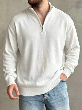 كنزة صوفية رياضية كاجوال للرجال بتصميم ياقة نصف مفتوحة وياقة عالية للدفء والراحة، مناسبة للارتداء في المنزل والرياضة الخارجية