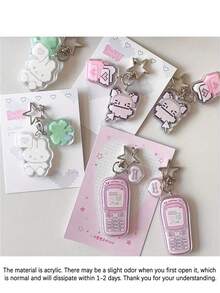 2pcs Cute Cartoon Pixel Phone/Rabbit/Clover Design Creative Keychain, Japanese Style Pendant, Adorable Retro Pink Pixel Keychain Acrylic Pendant, Student Backpack Pendant, Gift For Girlfriend, Suitable For Handbag, Backpack, Keys - Birthday/Valentine's Day Gift (Acrylic Material, Avoid Folding) - Multicolor - View 4