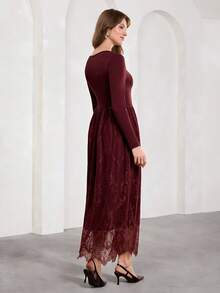 SHEIN Clasi Women's Round Neck Long Sleeve Contrast Lace Hem Elegant Dress - Burgundy - View 2